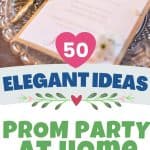 A photo collage shows a dinner menu, a party table, a corsage, and a balloon arch.