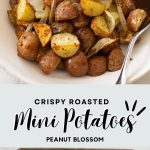 The photo collage shows a bowl of roasted mini potatoes and onions ready to be served and the sheetpan of the potatoes about to go in the oven below.