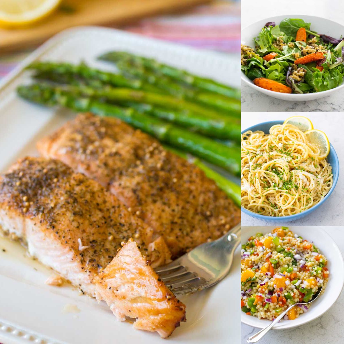 A plate of salmon and asparagus sits next to 3 salmon side dish options.
