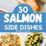A photo collage of cooked salmon with easy side dishes.