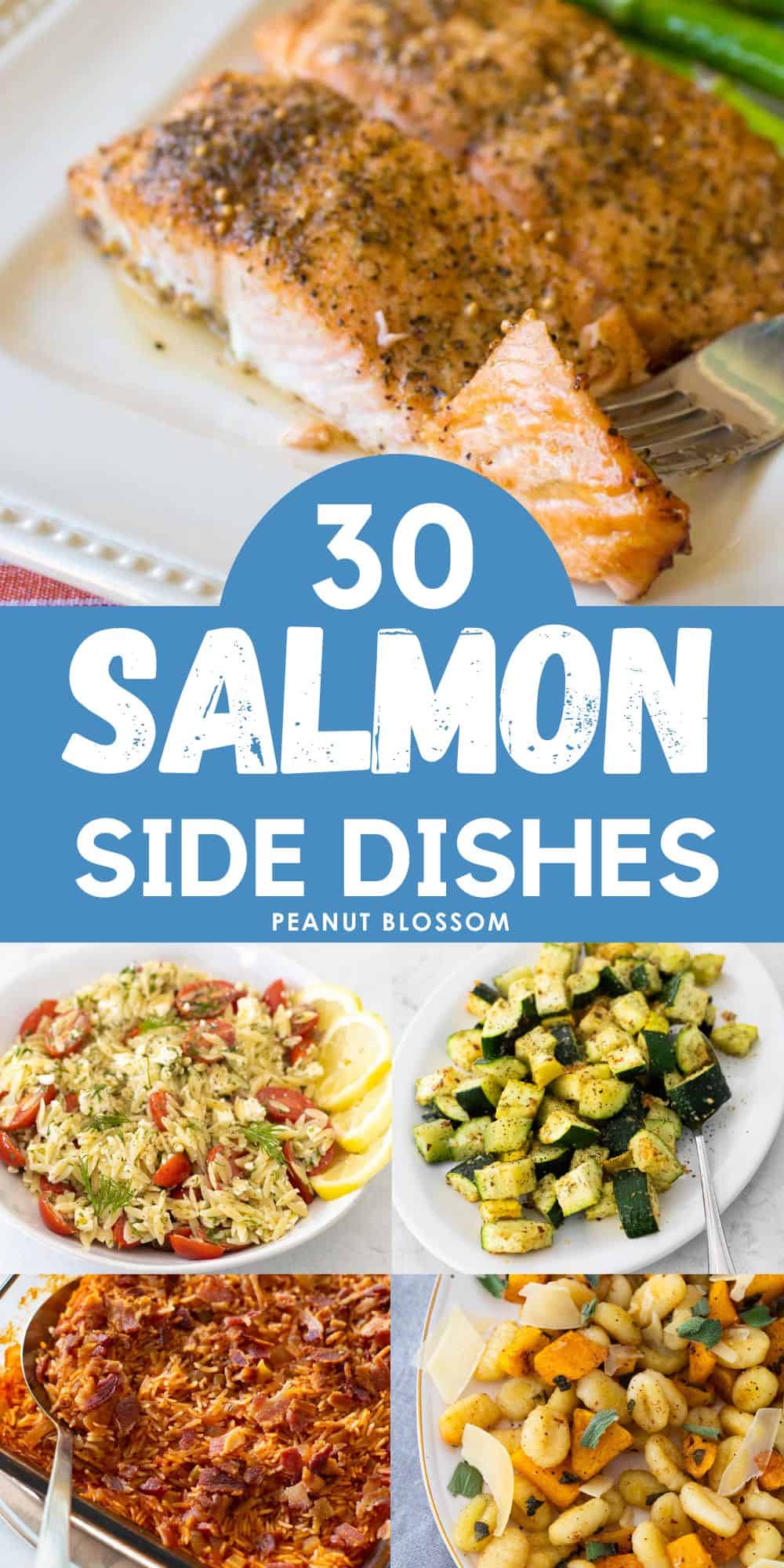 A photo collage of cooked salmon with easy side dishes.