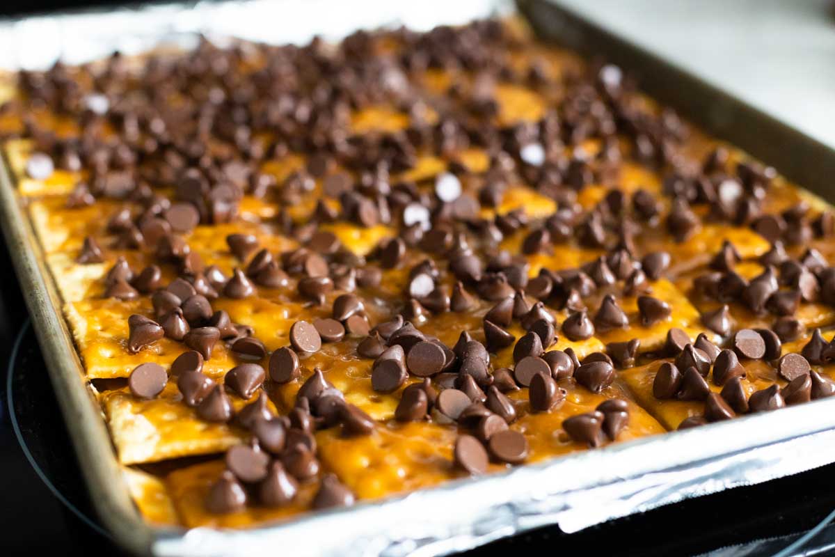 The chocolate chips have been sprinkled over the top of the pan of cracker candy.