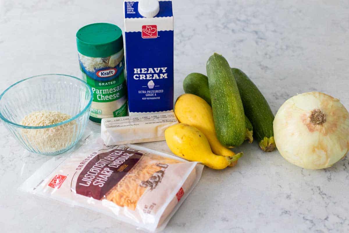 All the ingredients to make the casserole are on the counter.