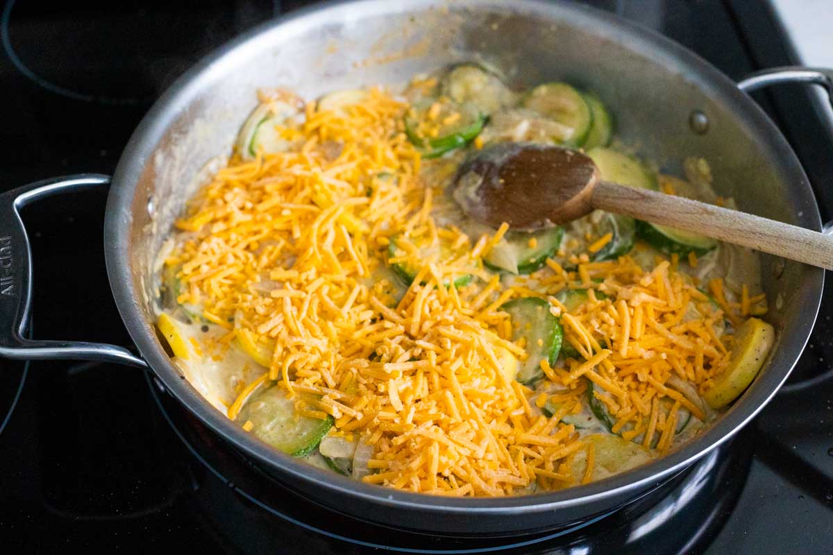 The shredded cheddar has been sprinkled over the top.