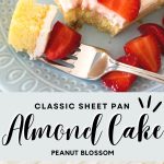The photo collage shows the almond cake served with fresh strawberries on top and the sheet pan of iced cake on the bottom.