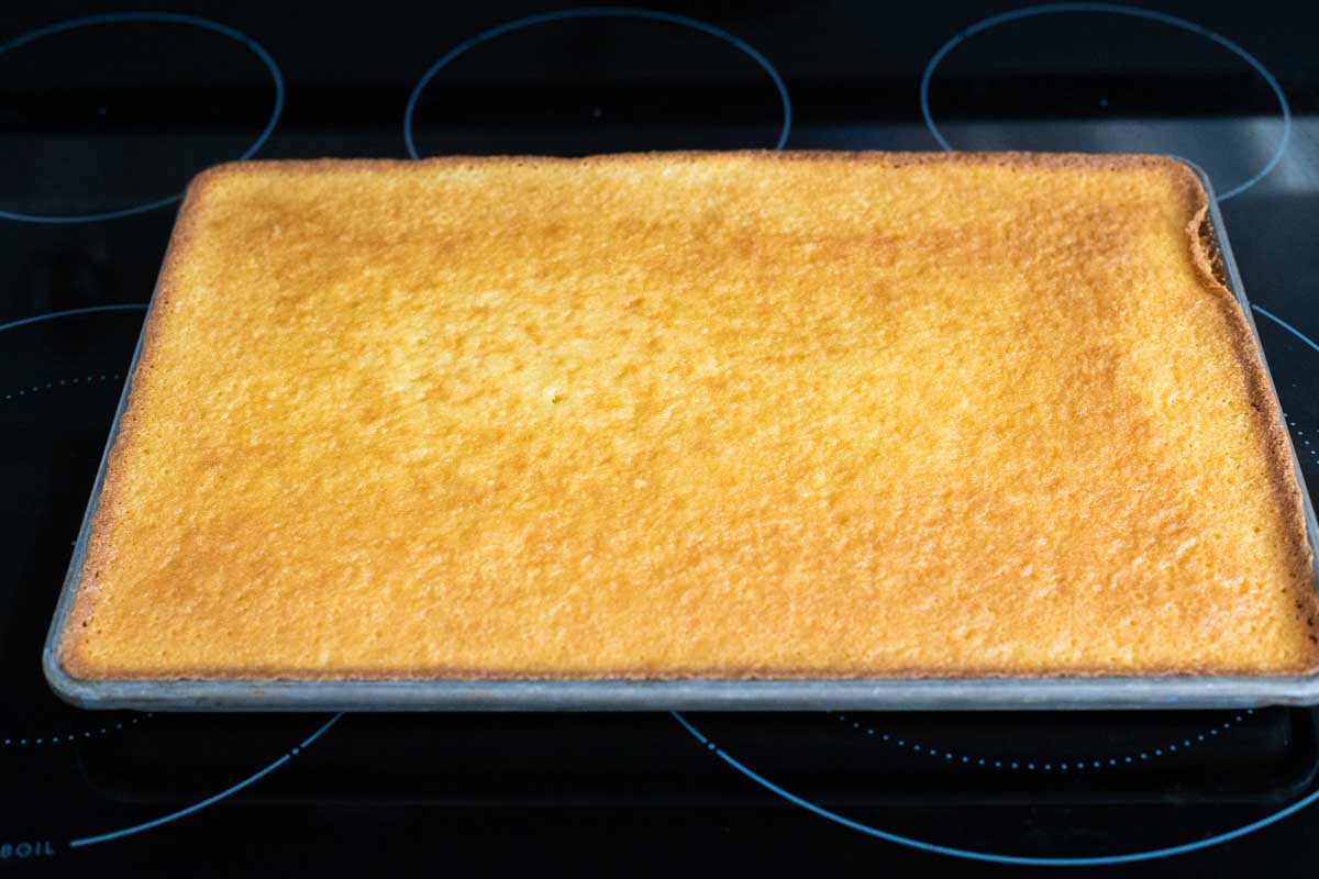The cake has come out of the oven and is a gorgeous golden brown color.