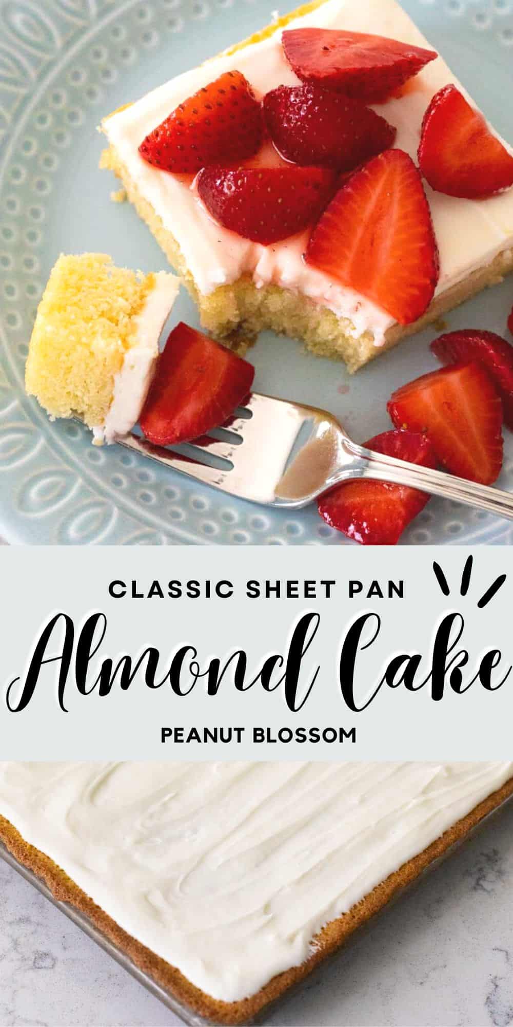 The photo collage shows the almond cake served with fresh strawberries on top and the sheet pan of iced cake on the bottom.