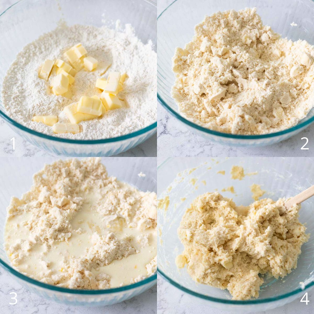 The step by step photos show how to cut the butter into the flour and add milk to make the cobbler dough.