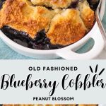 The photo collage shows a single serving of blueberry cobbler with a spoon next to a close up of the baking pan with the serving missing from the spot.