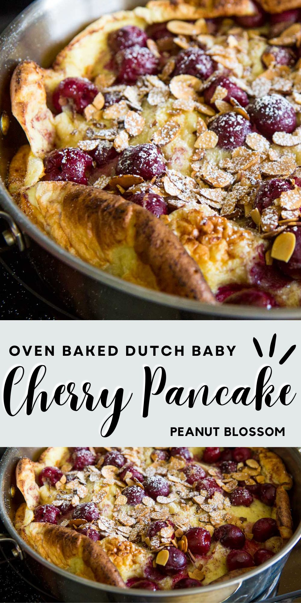 The skillet is filled with the cherry pancake that has sliced almonds and powdered sugar over the top.