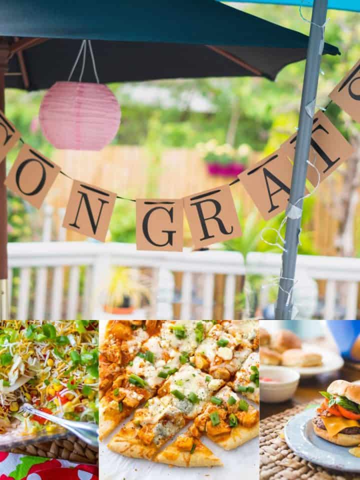 A photo collage shows several recipes that could be served for a backyard party for a college graduation.