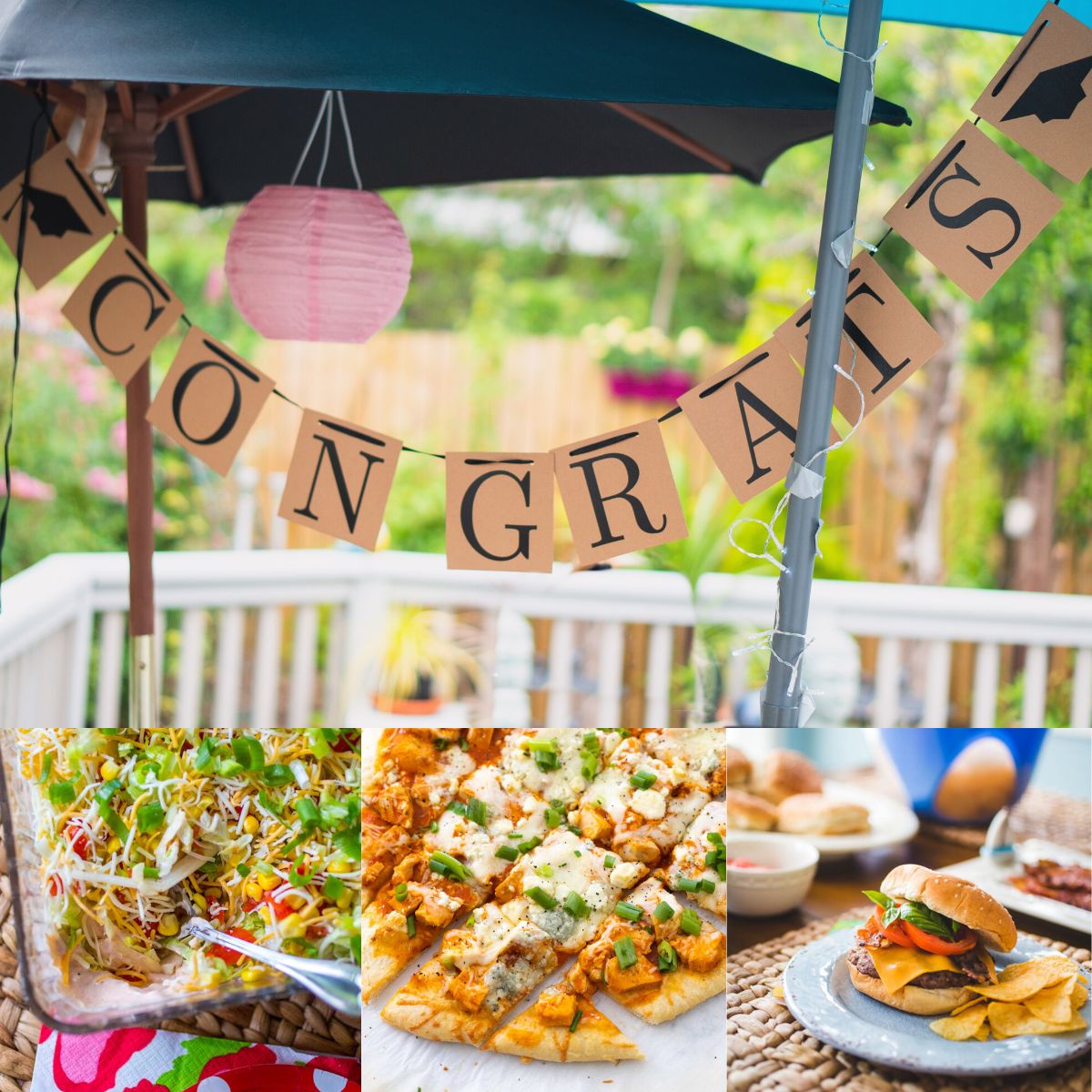 A photo collage shows several recipes that could be served for a backyard party for a college graduation.