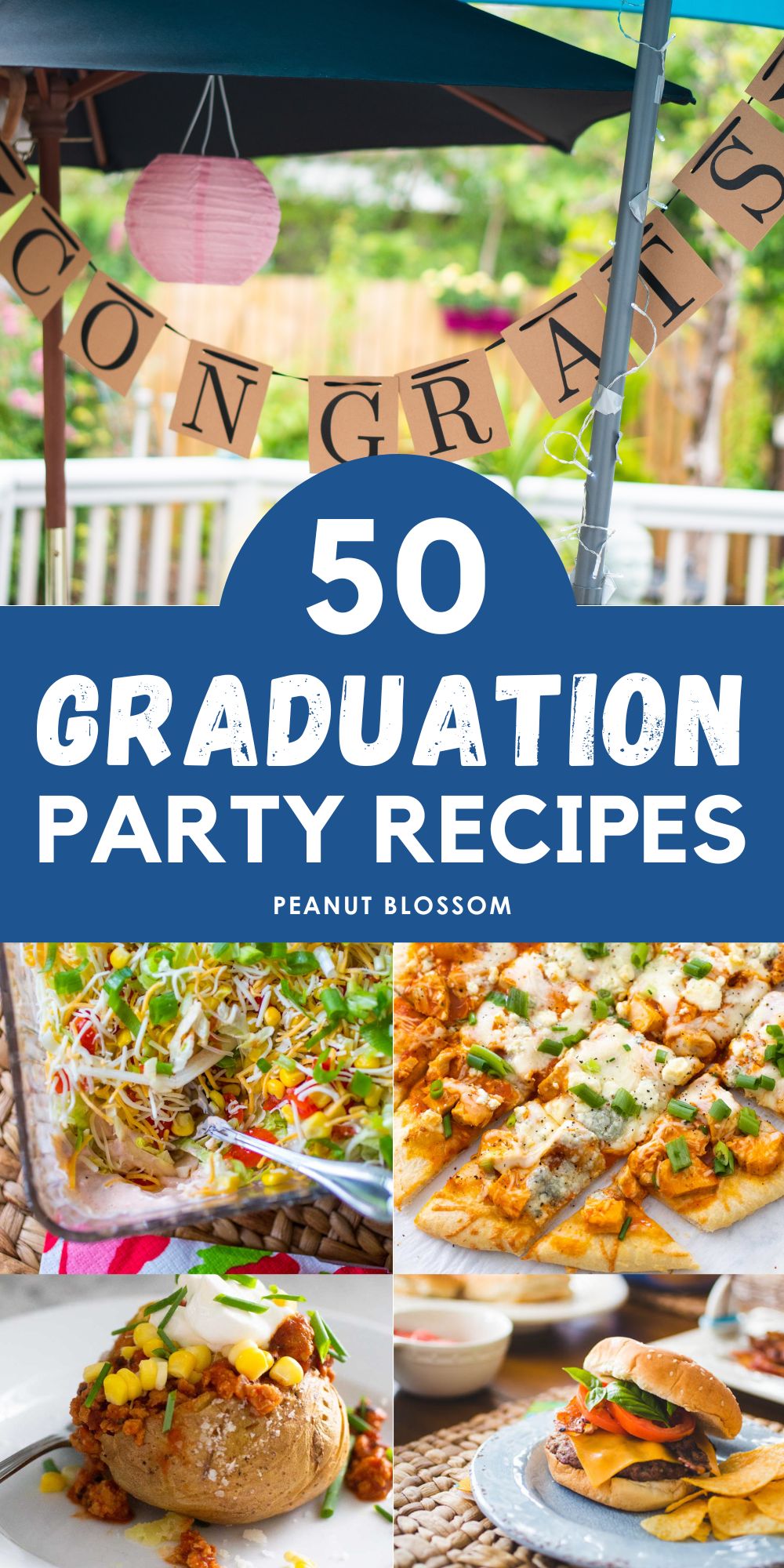 A photo collage shows a college graduation party in a backyard and 4 easy recipes to serve for food.