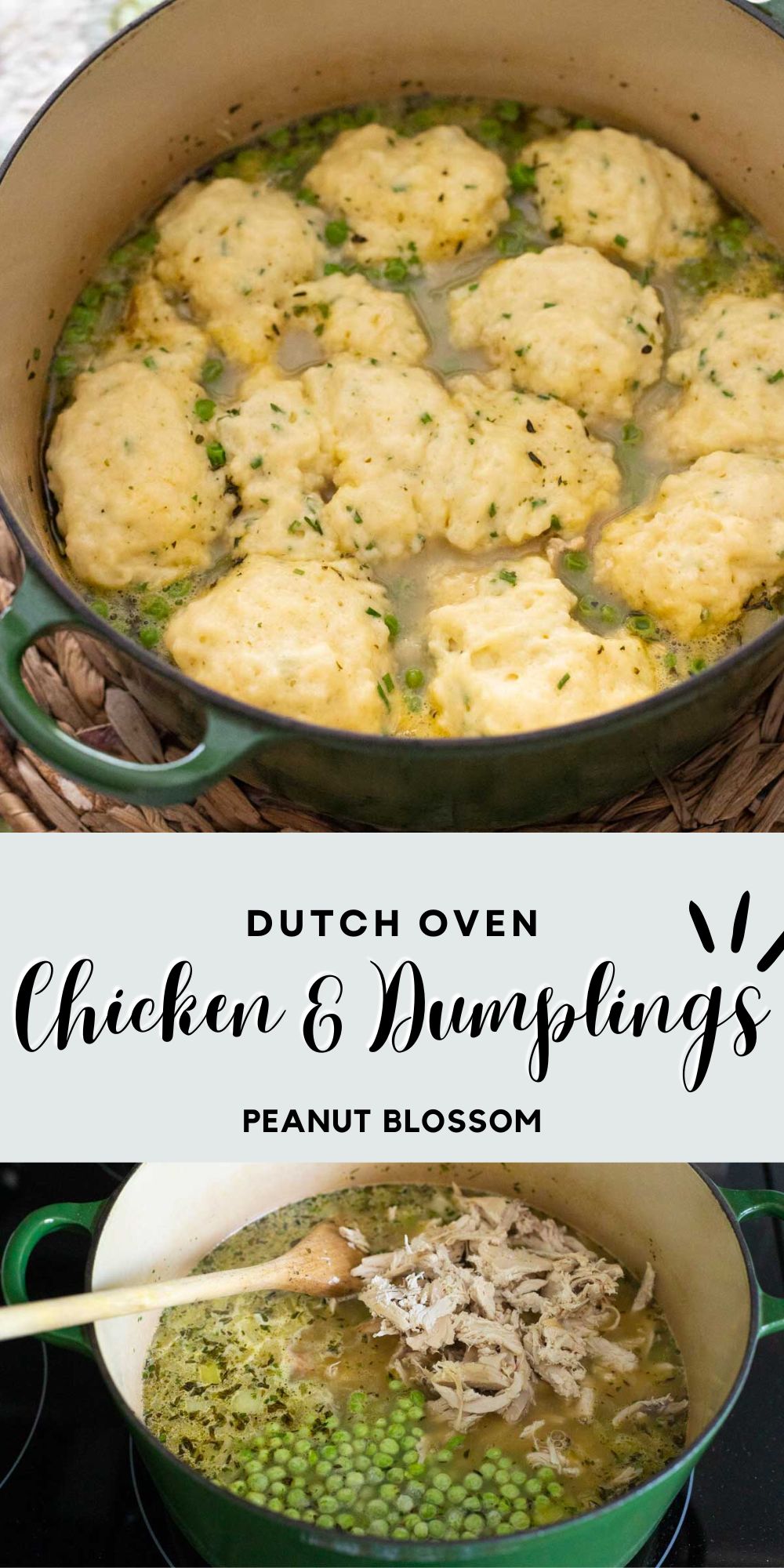 The photo collage shows a Dutch oven with the finished chicken and dumplings on top and in the process of adding the shredded chicken and peas on the bottom.