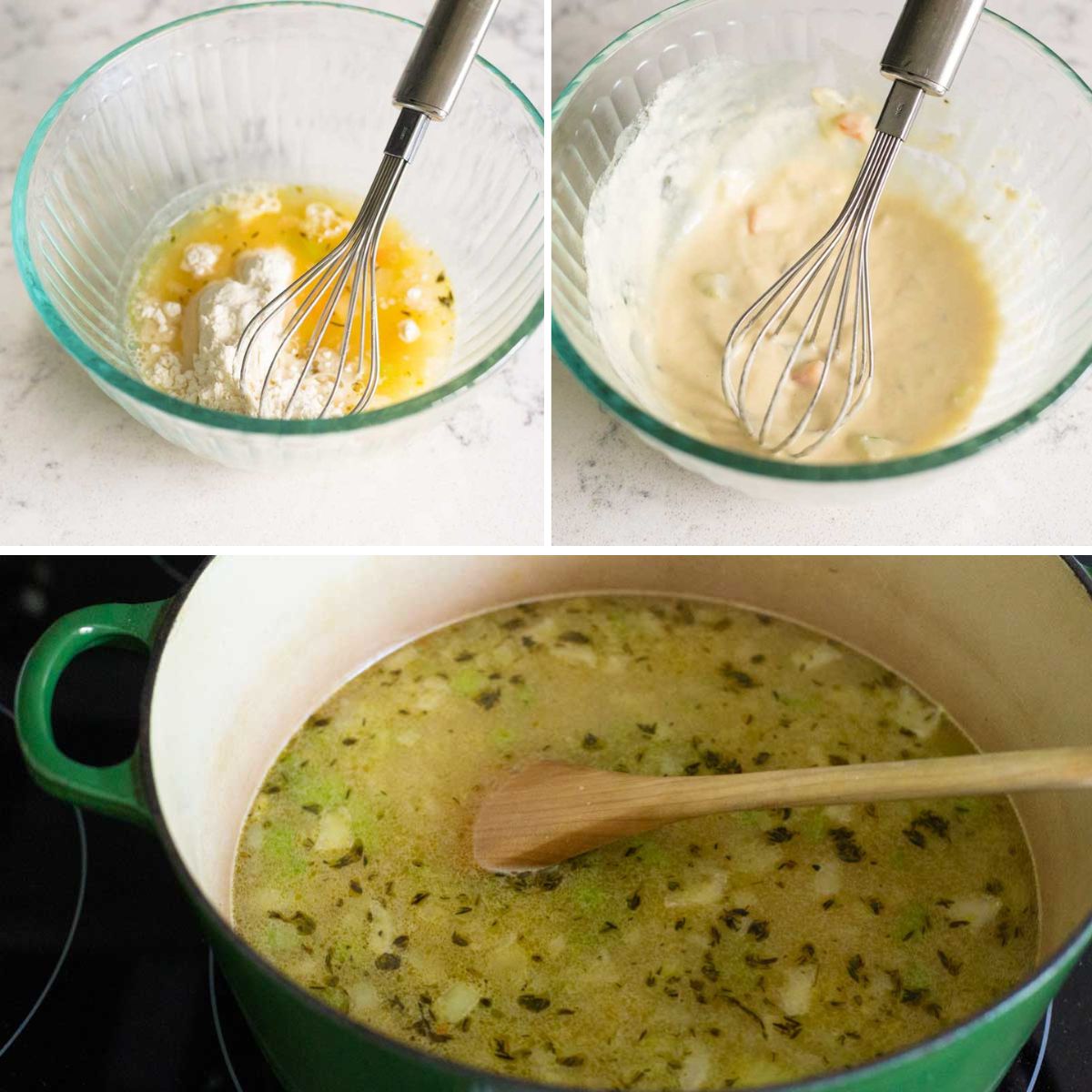 The step by step photos show how to thicken the broth with flour.