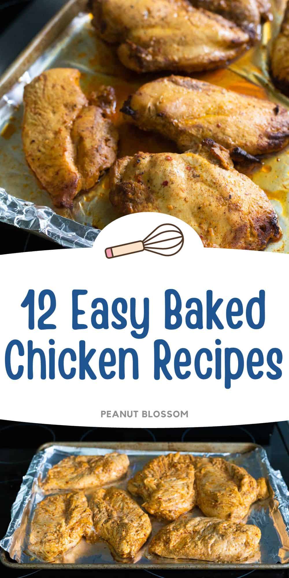 A pan of baked chicken breasts is ready for the oven and then shown finished baking.