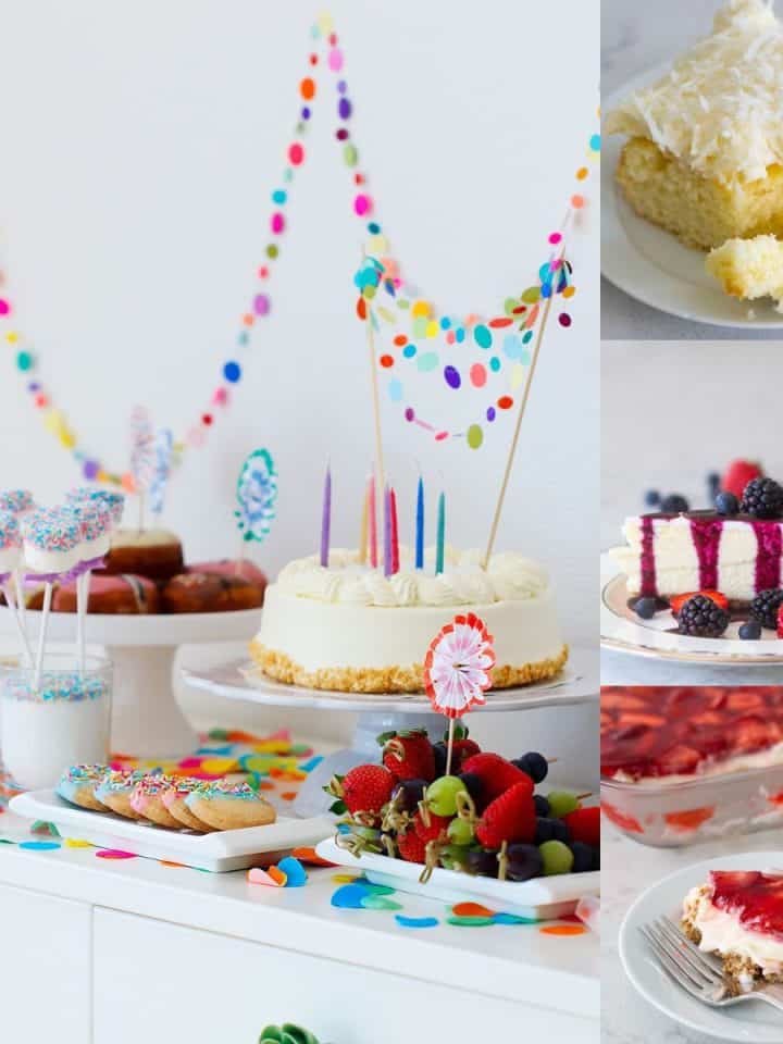 A photo collage shows a party desserts table alongside 3 photos of easy dessert recipes.
