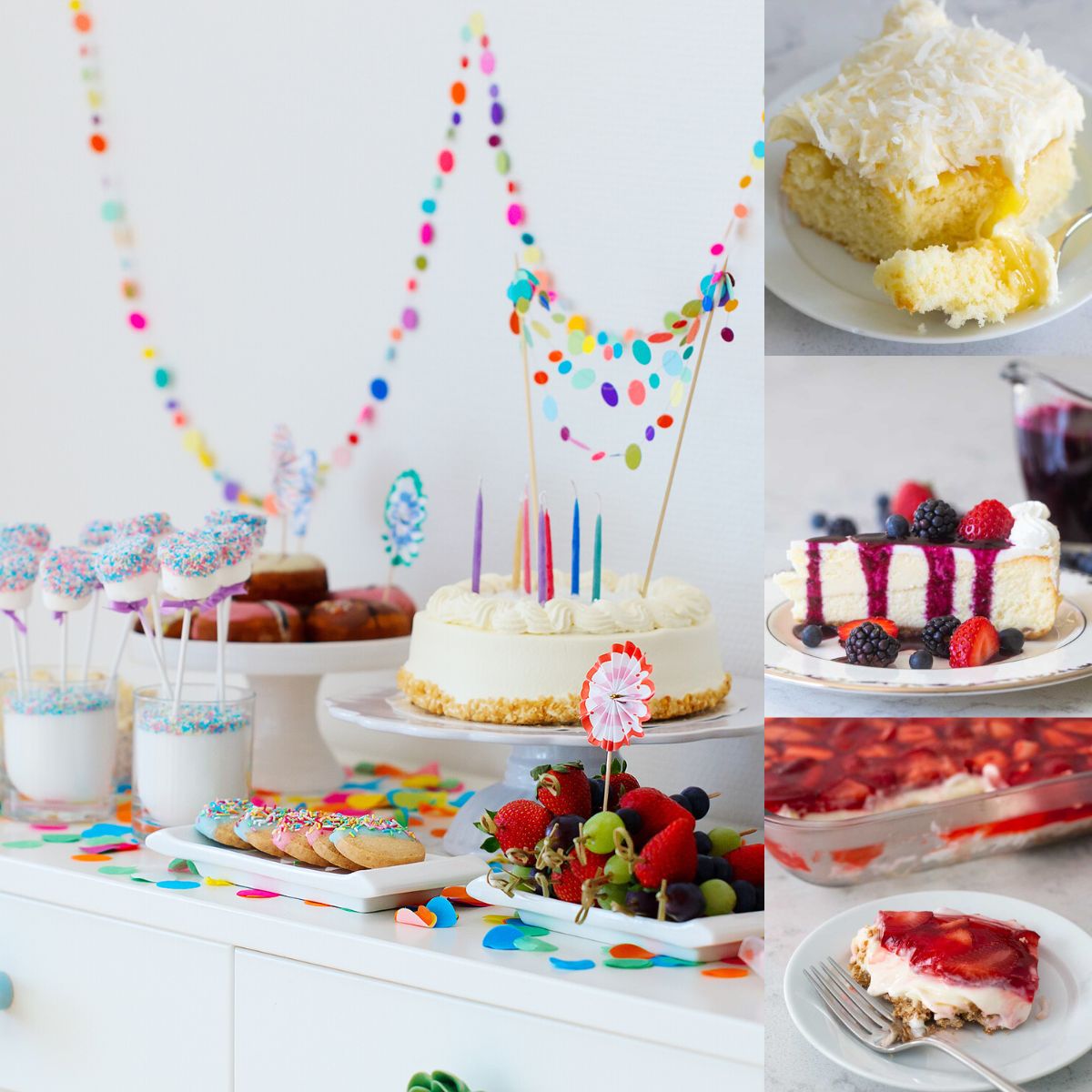 A photo collage shows a party desserts table alongside 3 photos of easy dessert recipes.