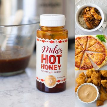 A bottle of Mike's Hot Honey is in a photo collage next to 3 recipes it could be used in.