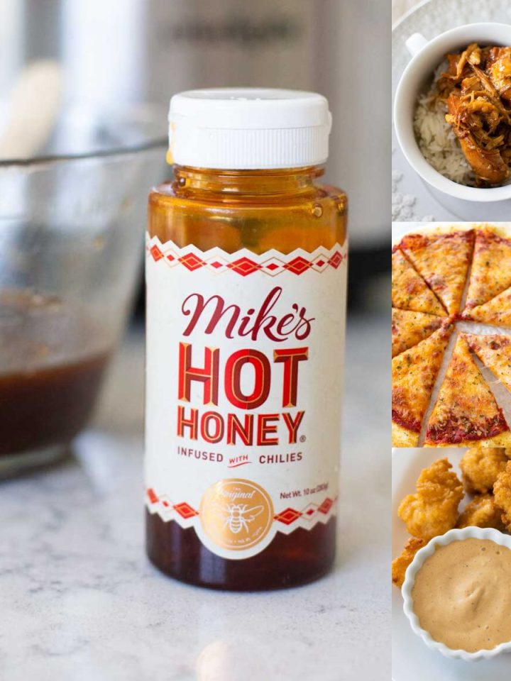 A bottle of Mike's Hot Honey is in a photo collage next to 3 recipes it could be used in.