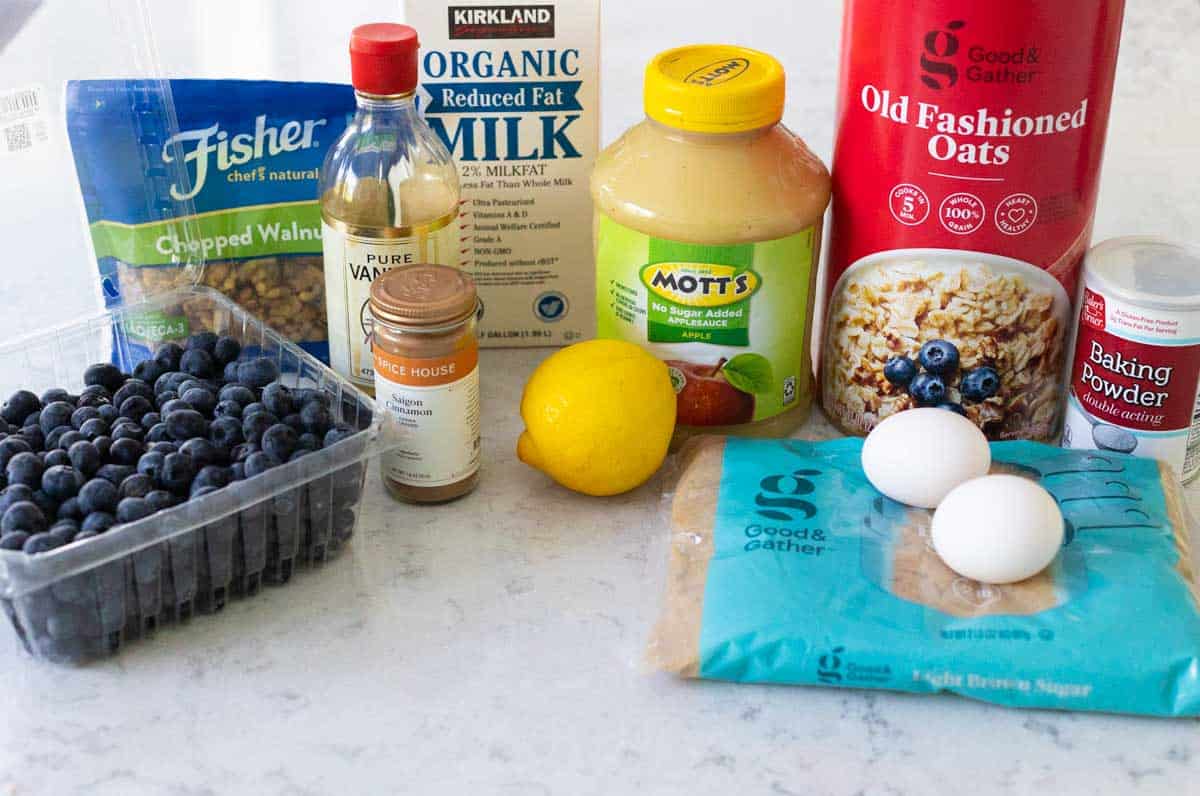 The ingredients to make the baked oatmeal are on the counter.