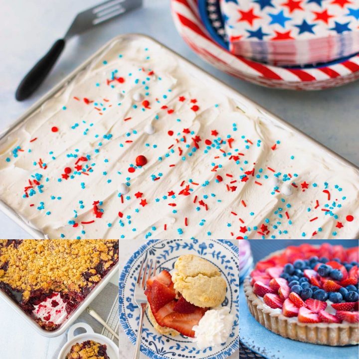 A photo collage shows 4 red, white, and blue desserts for Memorial Day.