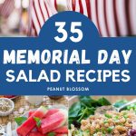 A photo collage shows an American flag bunting on top of 4 photos of fresh salads to serve at a Memorial Day party.