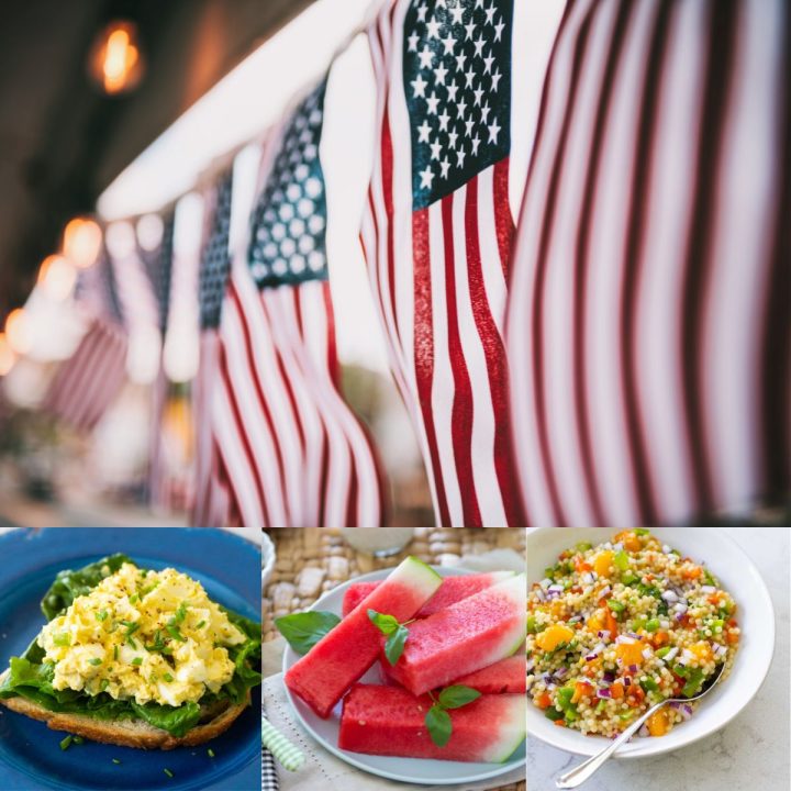 A pennant of American flags in a photo collage next to 3 fresh salads for a Memorial day party.
