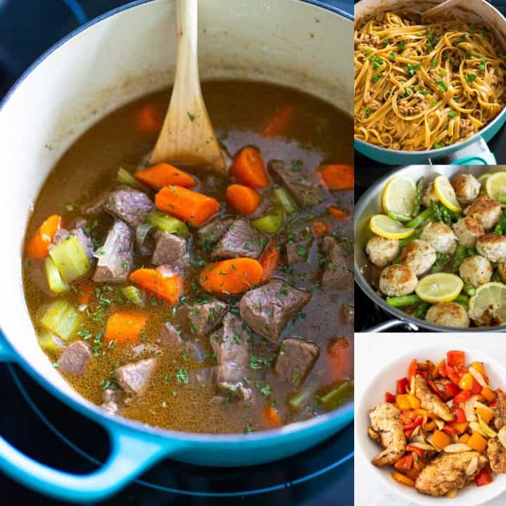 The photo collage shows several one pot dinner ideas using a skillet or dutch oven.