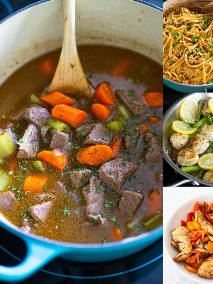 The photo collage shows several one pot dinner ideas using a skillet or dutch oven.