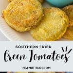 A photo collage shows the tomatoes on a platter with pimento cheese above a photo of them in a baking pan.