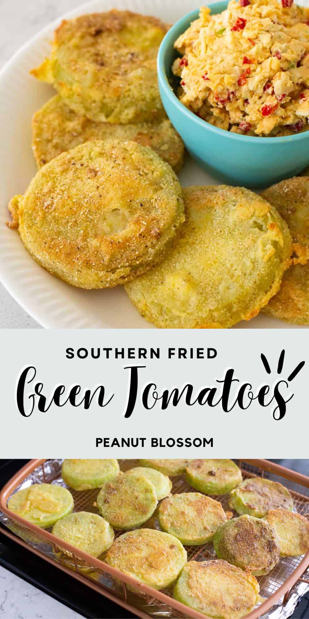 A photo collage shows the tomatoes on a platter with pimento cheese above a photo of them in a baking pan.