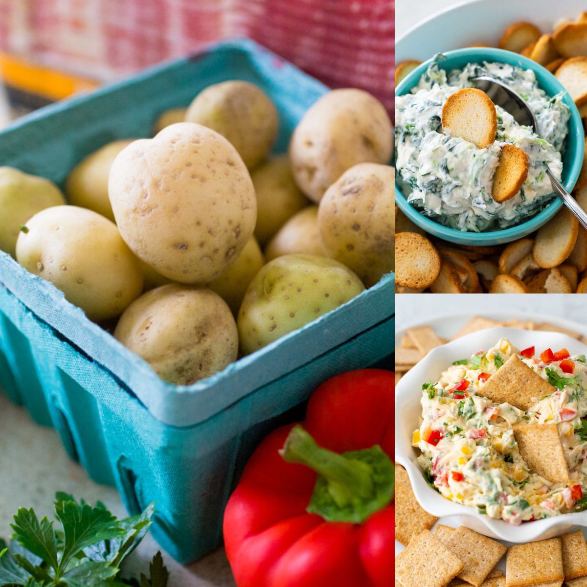 The photo collage shows a pint of potatoes ready to be made into potato salad next to photos of 2 prepared dips with chips.