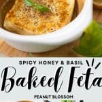 The photo collage shows the baked feta on top and the ingredients to make it below.