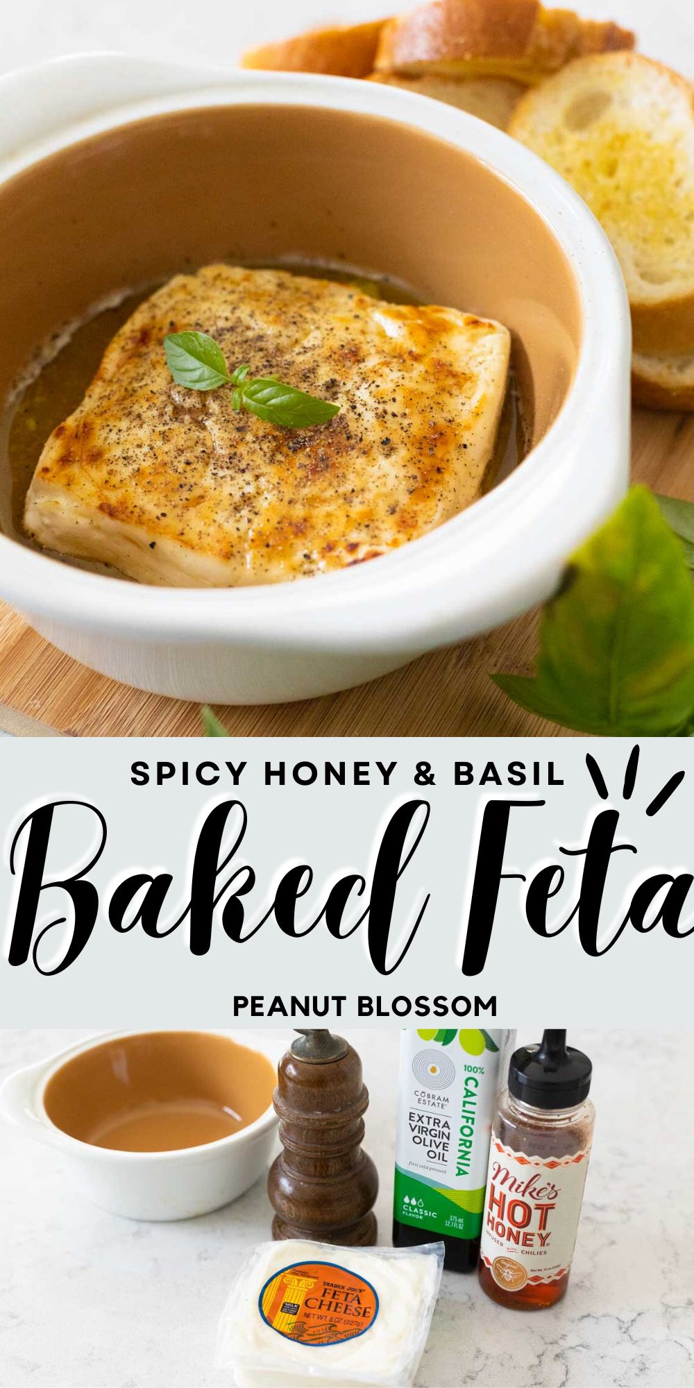 The photo collage shows the baked feta on top and the ingredients to make it below. 