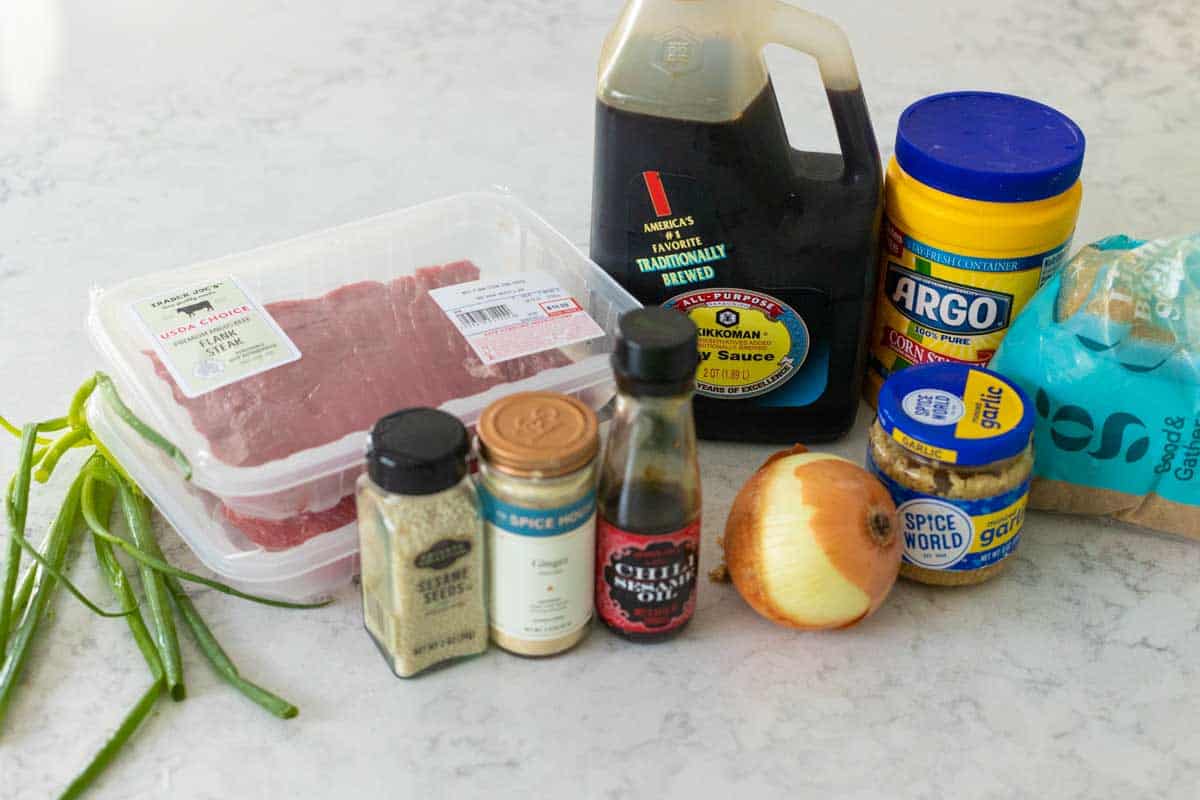 The ingredients to make the beef and broccoli are on the counter.