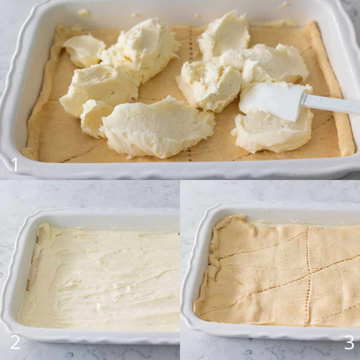 The step by step photos show how to layer the crescent roll dough and cheesecake filling.