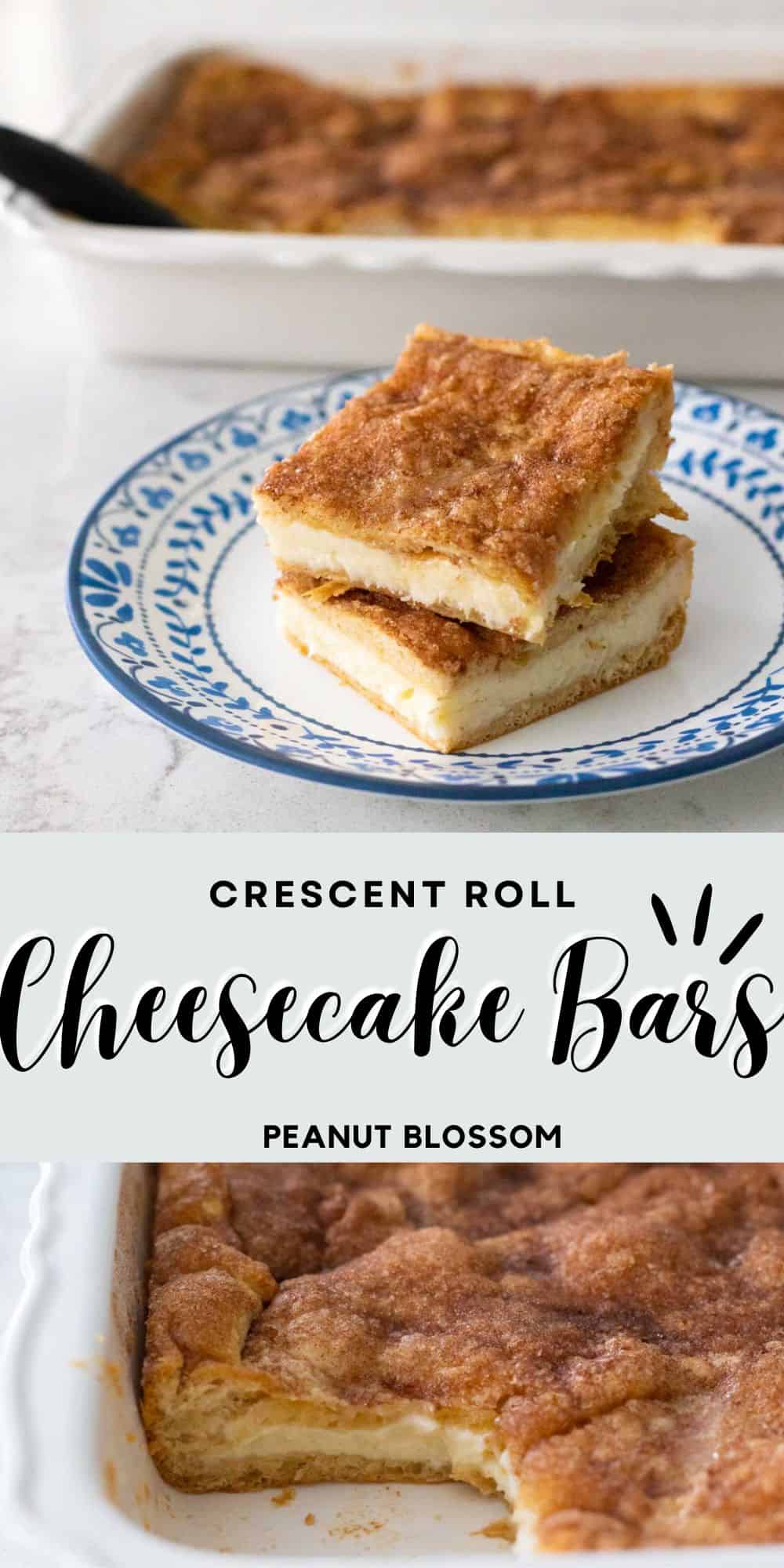 The photo collage shows 2 squares of crescent roll cheesecake bars stacked on each other next to a photo of the cheesecake in the baking dish.