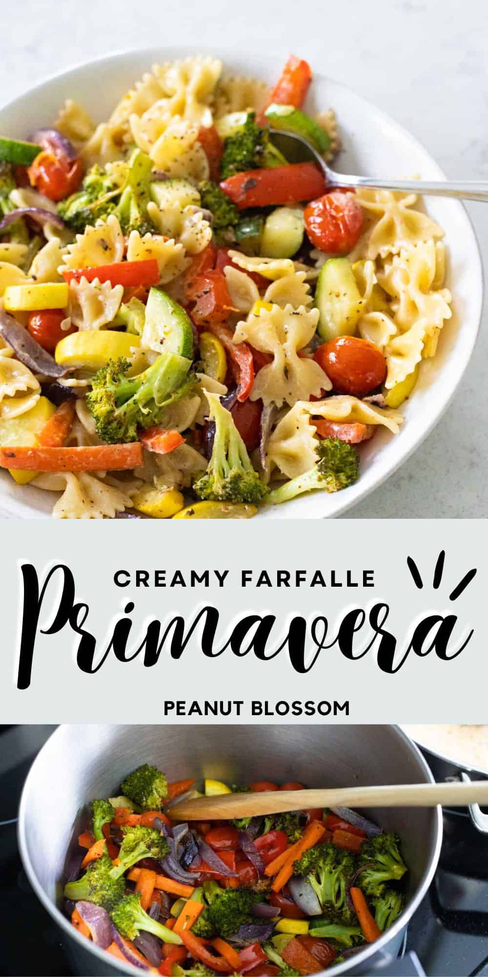 The photo collage shows the finished farafalle primavera in a white bowl next to a big pot with all the roasted vegetables being tossed together.