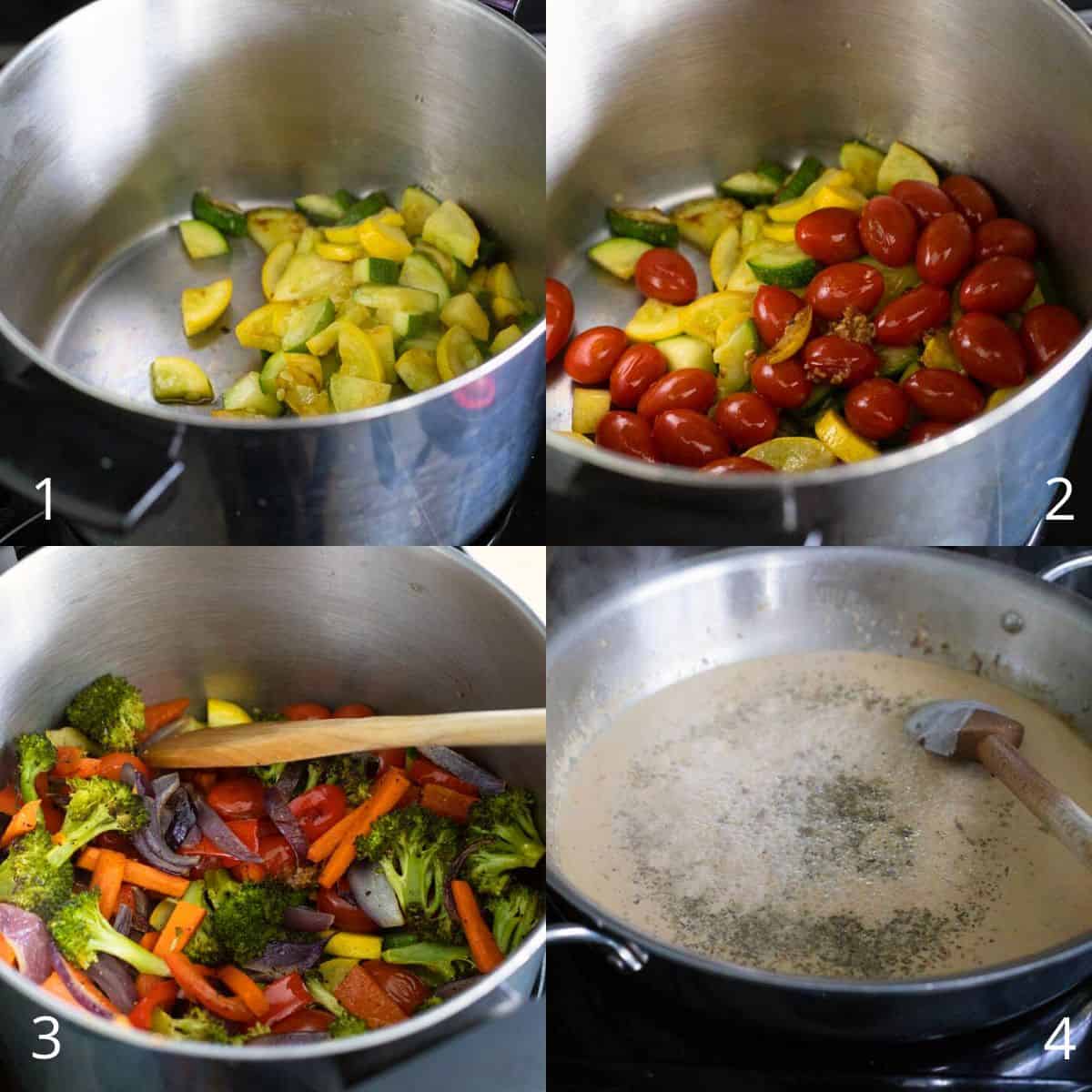 The step by step photos show how to assemble the vegetables and sauce for the pasta.