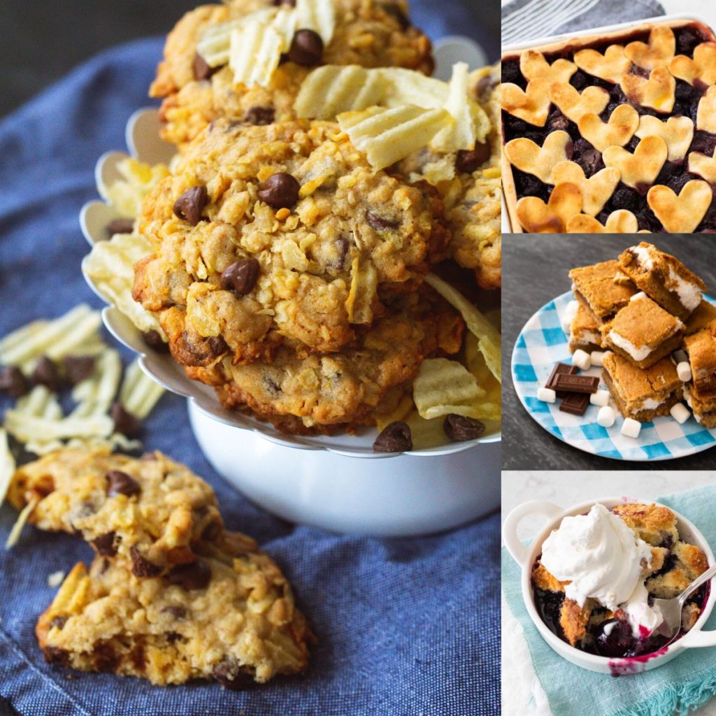 A photo collage shows 4 delicious desserts to make for Father's Day including cookies, smores bars, a pie, and a blueberry cobbler.