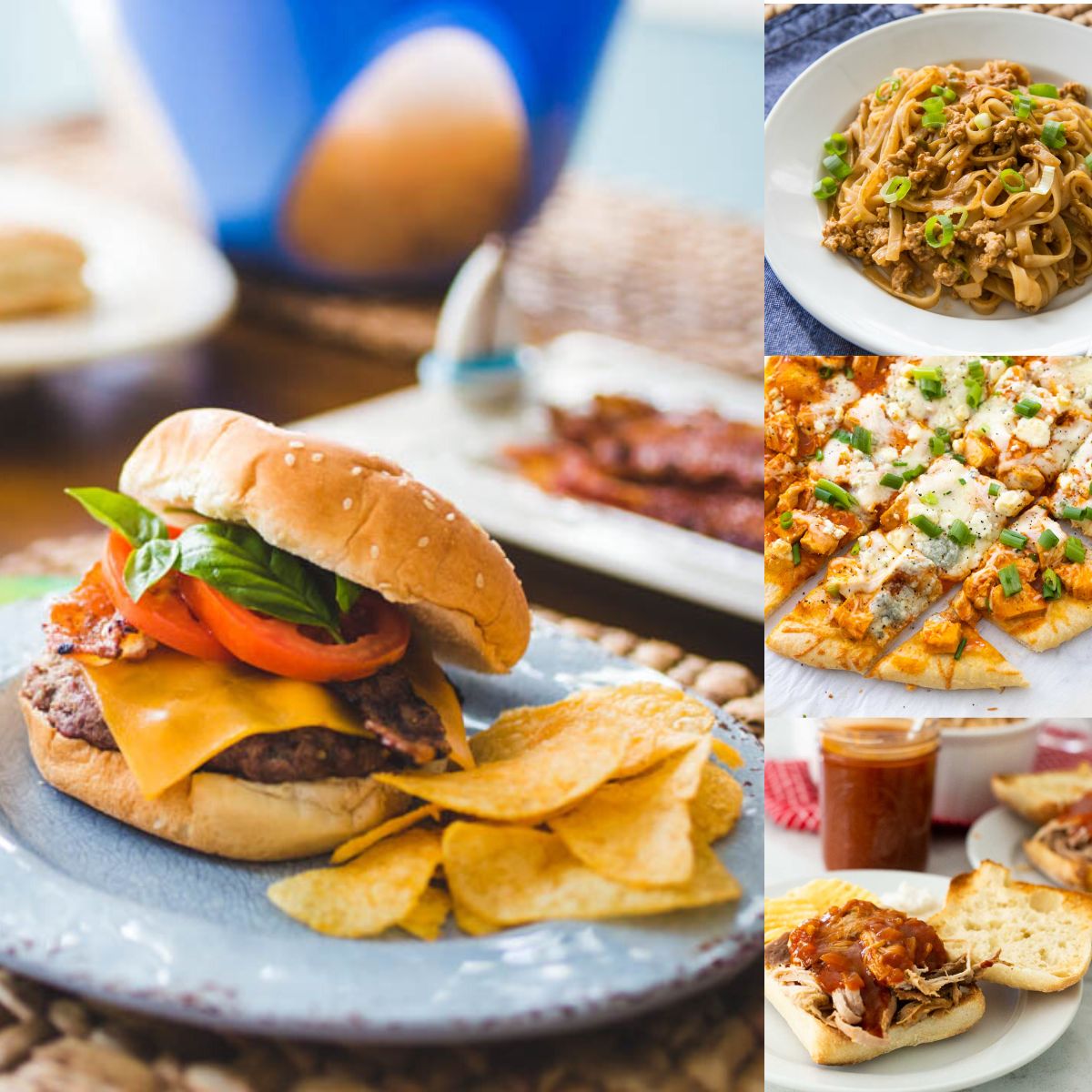 The photo collage shows 4 delicious and easy Father's Day dinners for families to make at home.