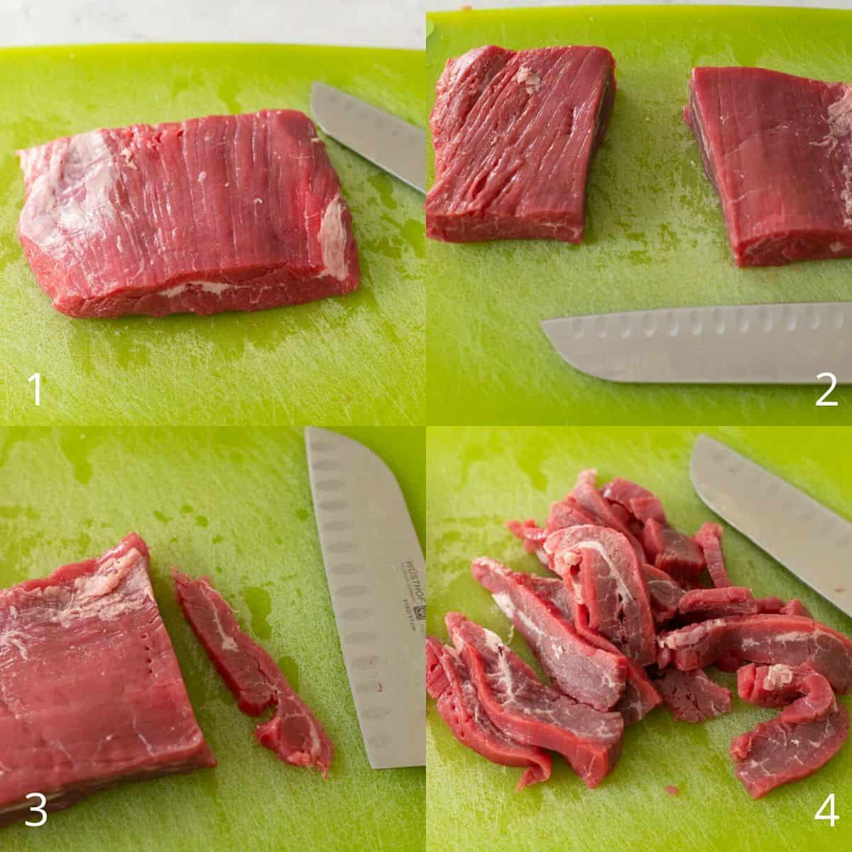 The step by step photos show how to cut the flank steak into thin strips for beef and broccoli stir fry.