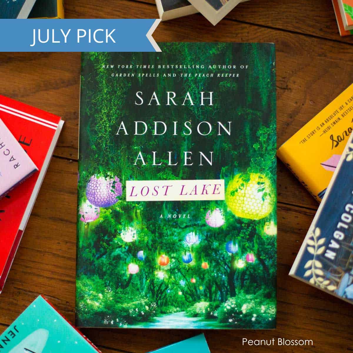 A copy of Lost Lake by Sarah Addison Allen sits on a table.