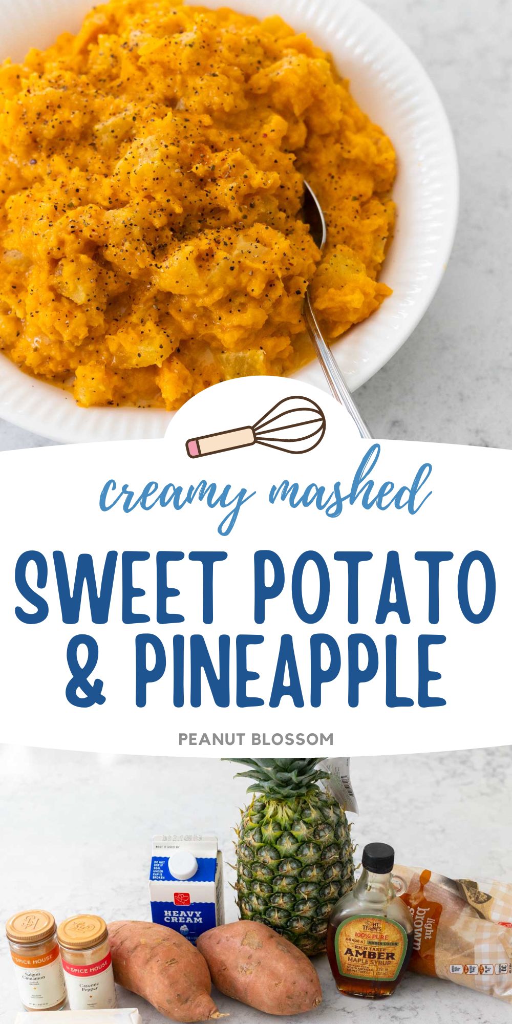 The photo collage shows a bowl of the mashed sweet potato above the photo of all the ingredients to make it.