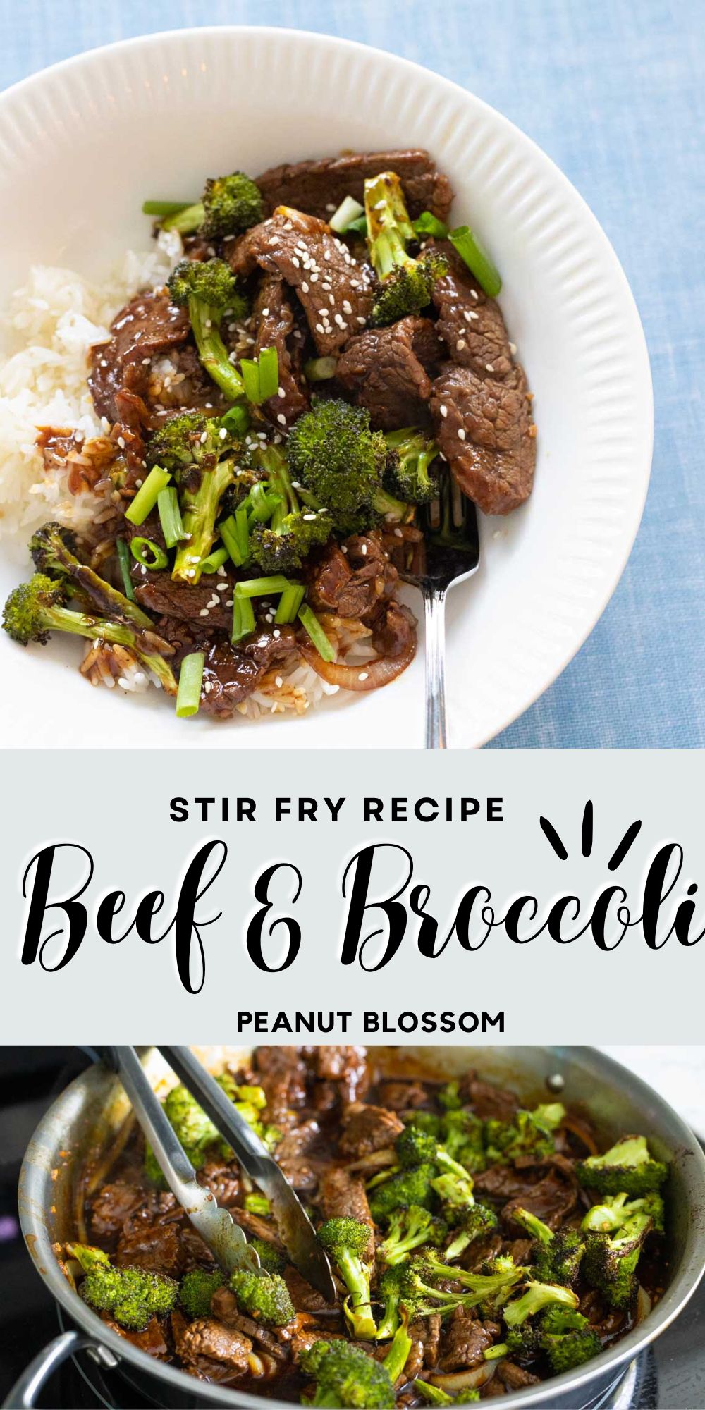 The photo collage shows the bowl of beef and broccoli over a bed of white rice next to a photo of the stir fry mix in the skillet on the stovetop.
