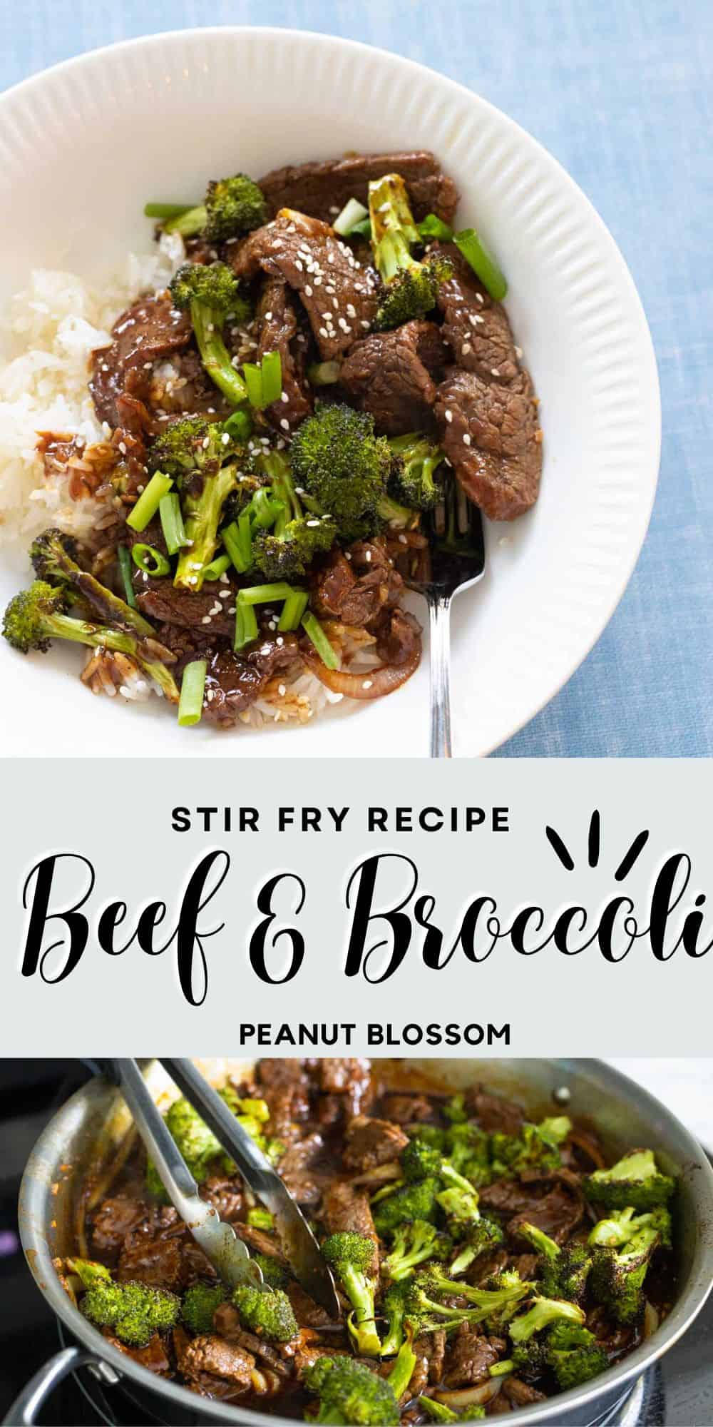 The photo collage shows the bowl of beef and broccoli over a bed of white rice next to a photo of the stir fry mix in the skillet on the stovetop.