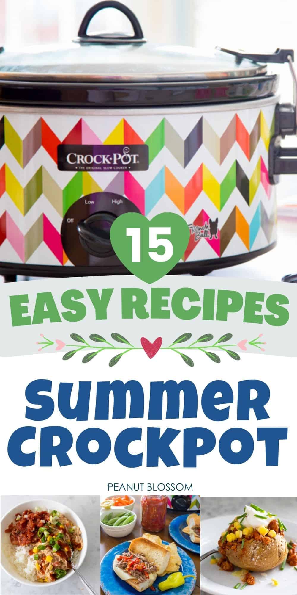 The photo collage shows a colorful crockpot next to 3 photos of easy recipes.