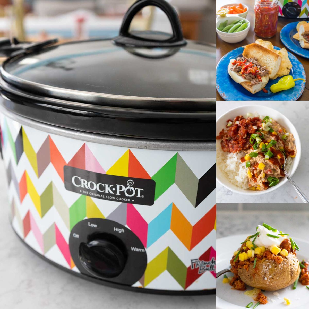 The photo collage shows a Crock Pot next to 3 photos of easy recipes.