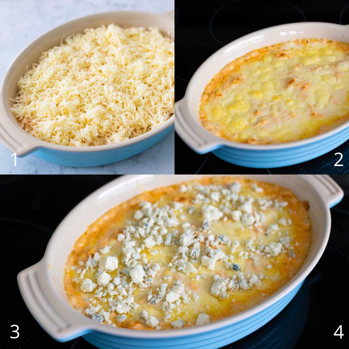 The step by step photos show how to layer the dip in a baking dish, cover it with cheese, and bake it.